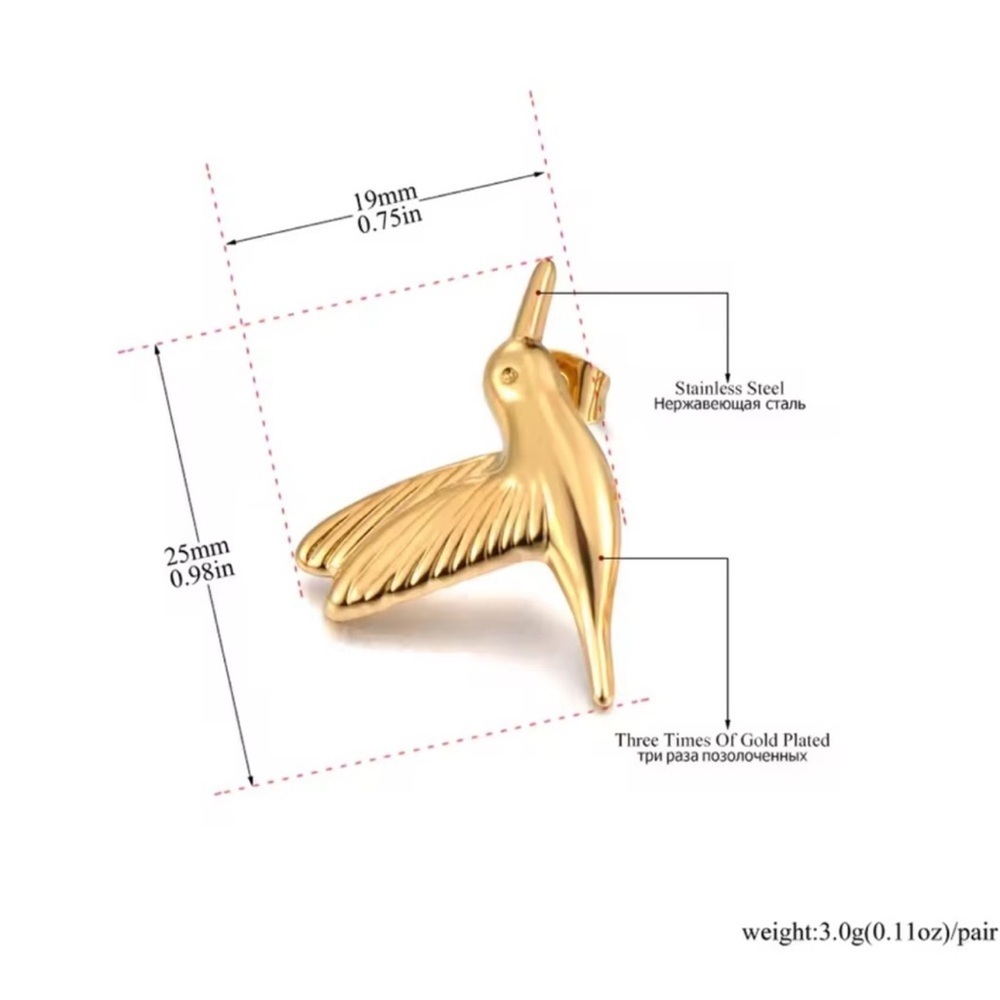 Hummingbird Gold Bird Earrings - Picture 3 of 5